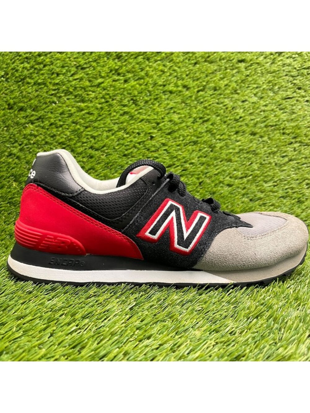 New Balance 574 Mens Size 9 Gray Black Red Athletic Running Shoes Sneakers